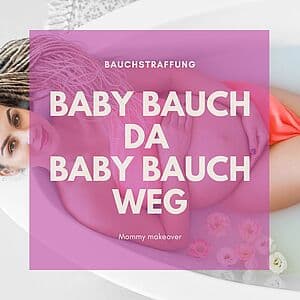 Frau betrachtet ihren Bauch nach der Schwangerschaft im Spiegel