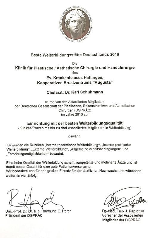 DGPRÄC Beste Weiterbildungsstätte 2016 Urkunde