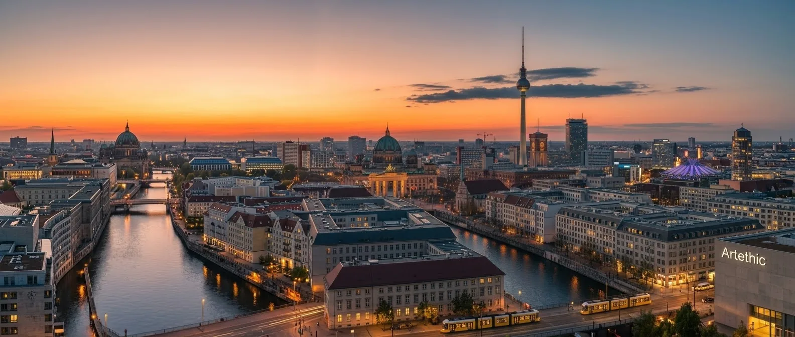 Abendlicher Blick über Berlin mit Spree, Berliner Dom und Fernsehturm, rechts unten ein Gebäude mit dem Schriftzug Artethic.
